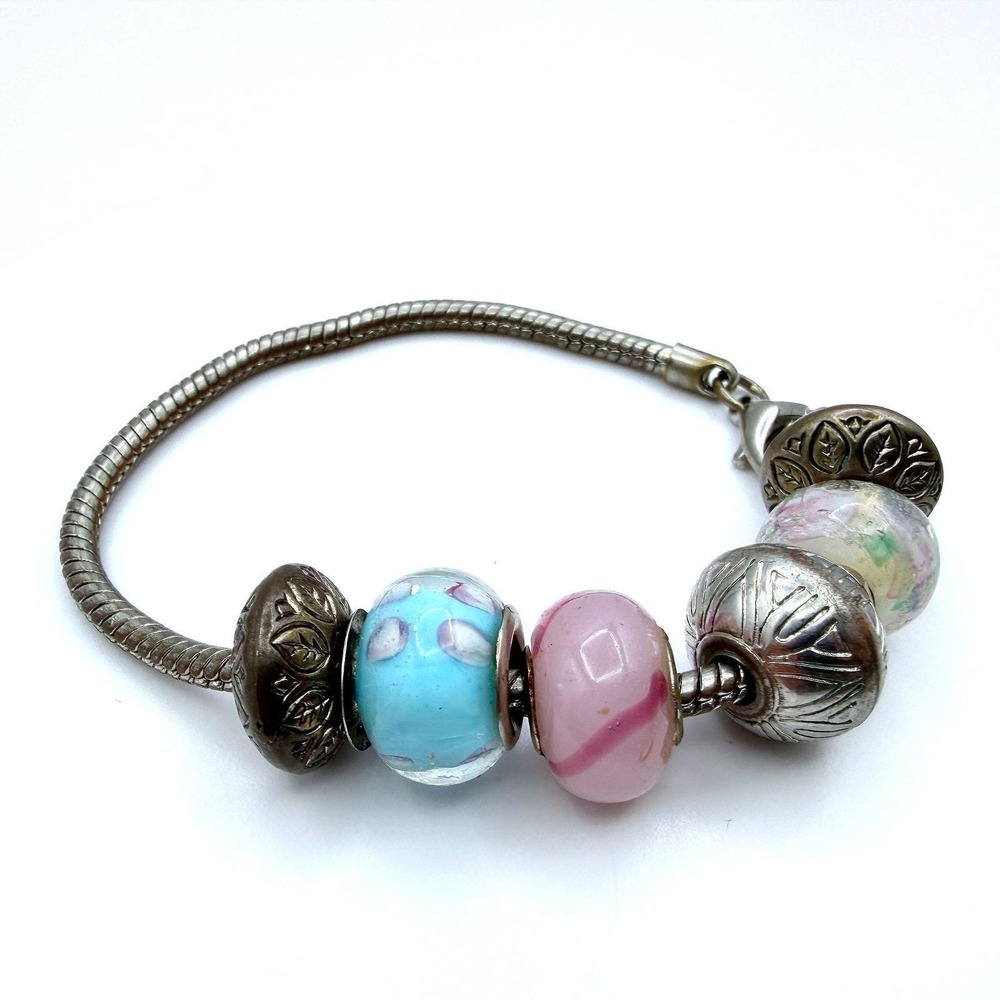 Vintage Murano Glass Charm Bracelet Silver Tone Multi-Color Beads Y2K 90s 2000s